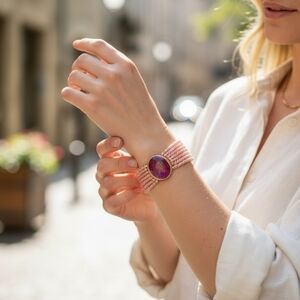 Pink Beaded Bracelet with Purple Gem